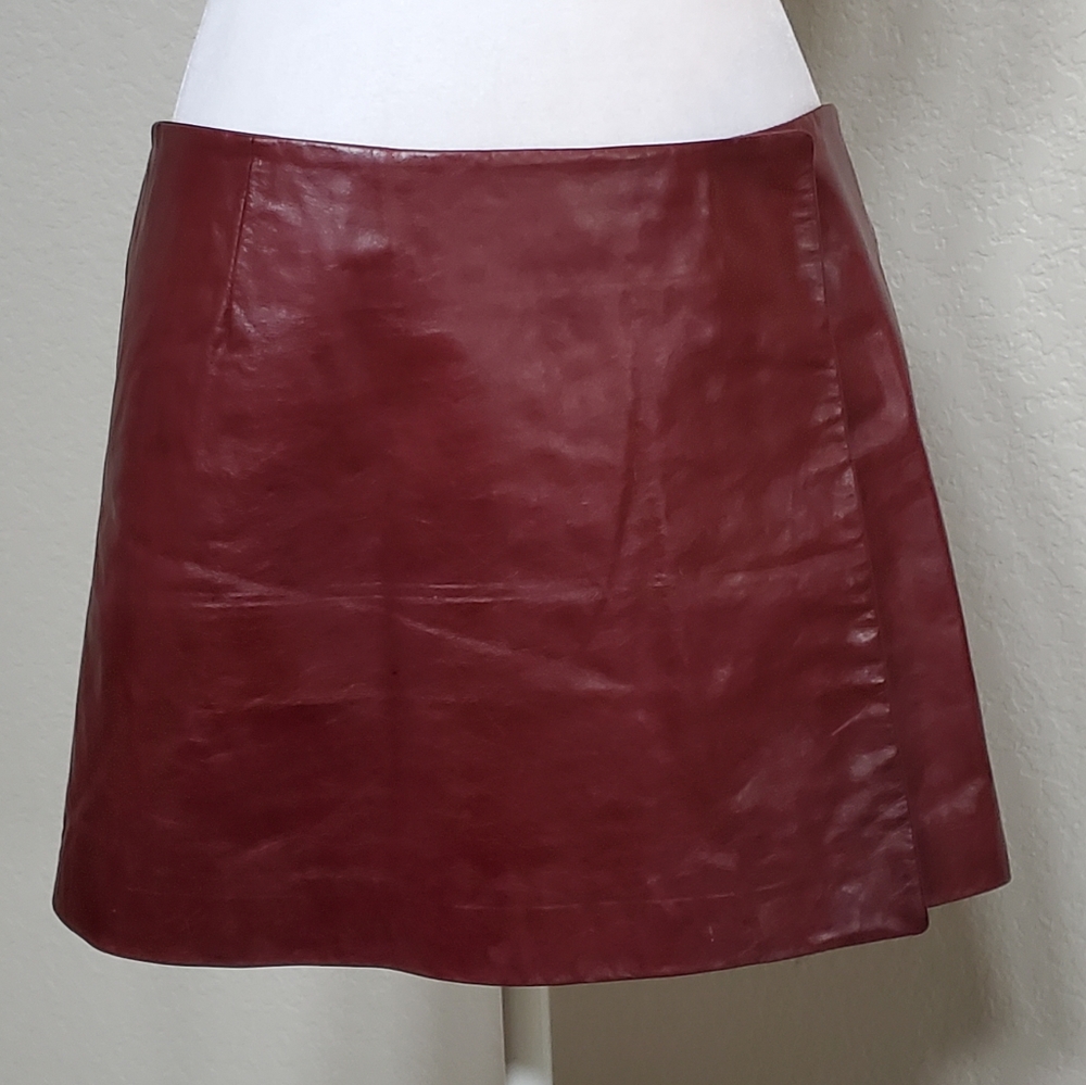 Hugo Buscati Leather Wrap Mini Skirt, Snap Closure, Oxblood, Lined, Sz 8, EUC